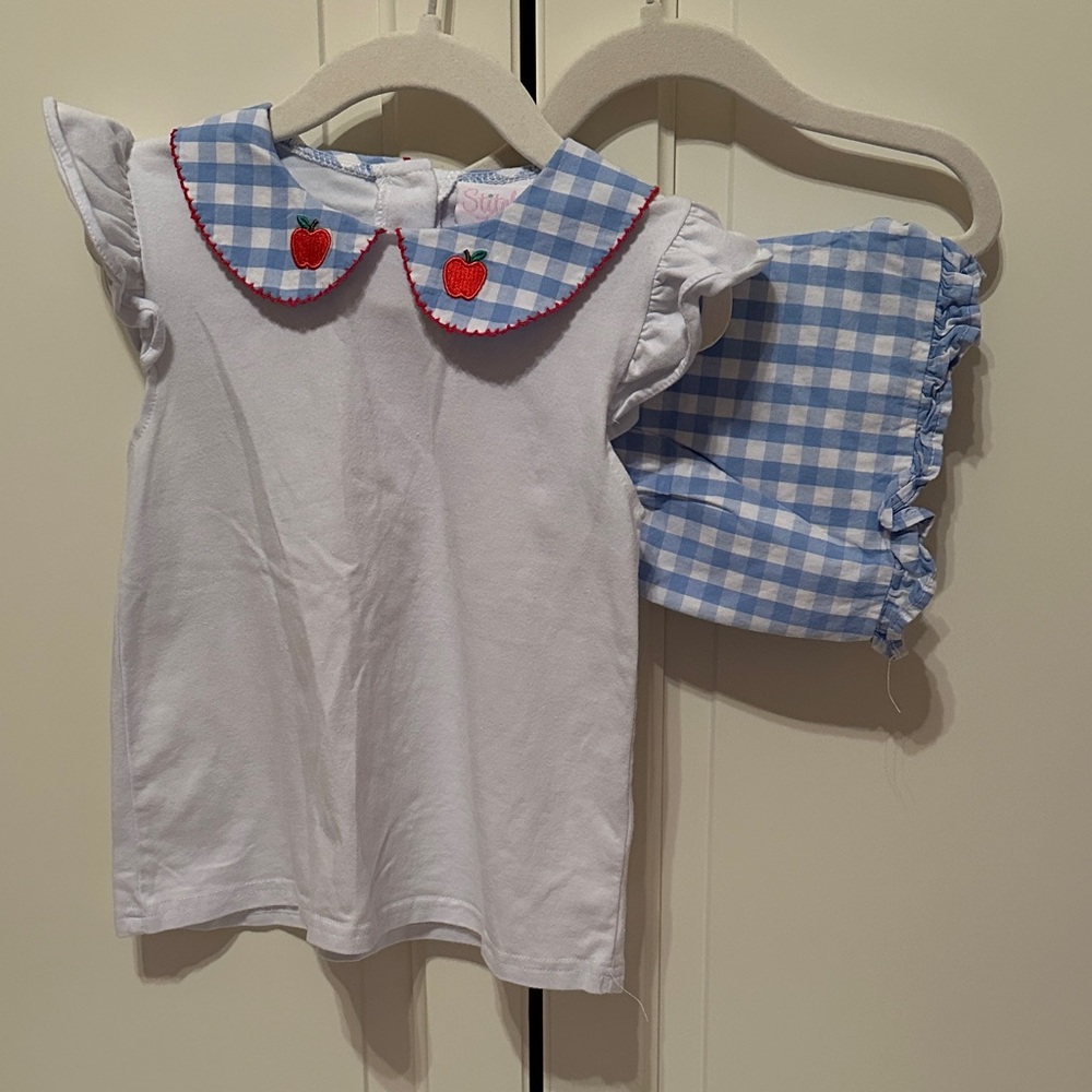 Stitchy Fish White Ruffle Sleeve Top with Blue Gingham Collar & Apple Embroidery